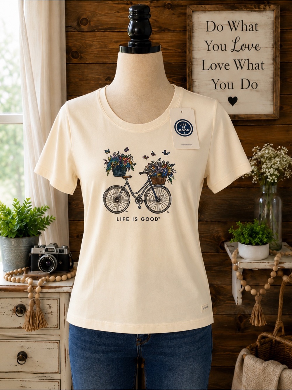 Life Is Good Cream Tee with Floral Bicycle Graphic XS (X-Small)